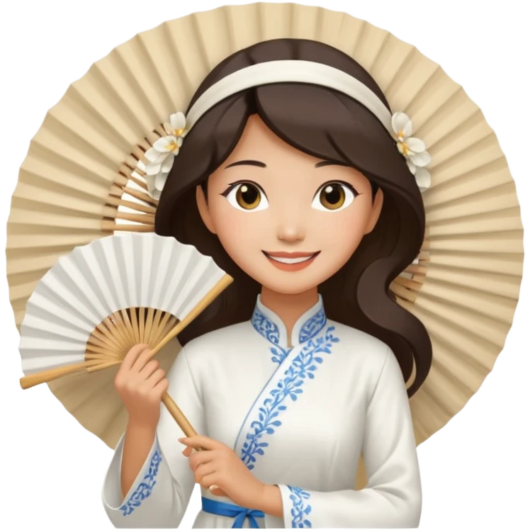 a vietnamese woman wearing a white ao dai holding a folding fan elegantly, wearing a nón lá emoji