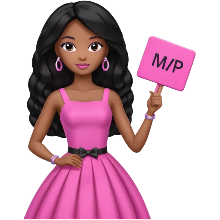 Black barbie, long black  hair, pink dress holding mvp sign  emoji