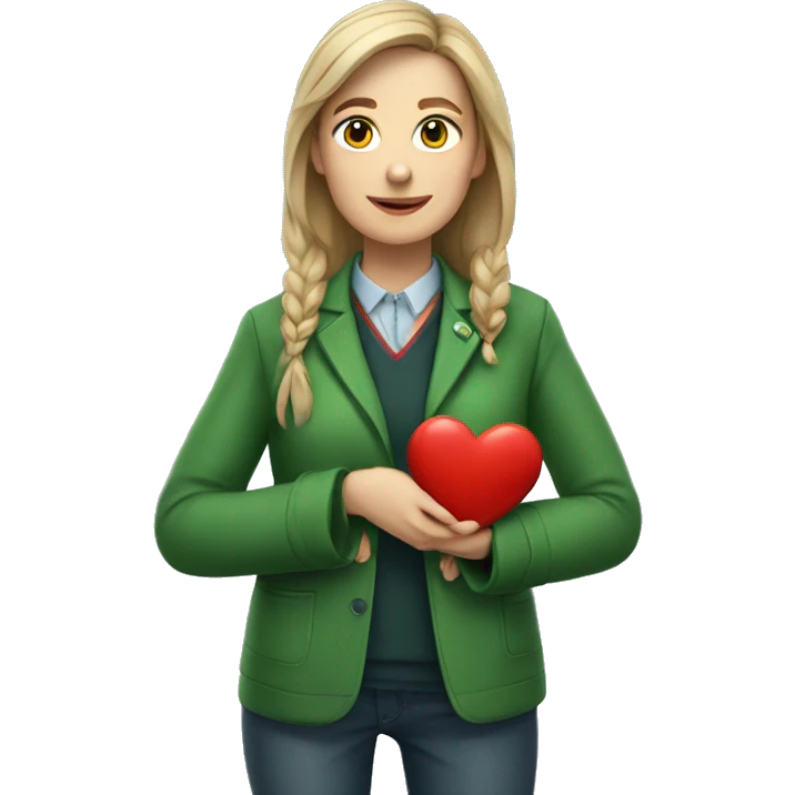 A European female teacher in a green jacket holds a heart in her hands emoji