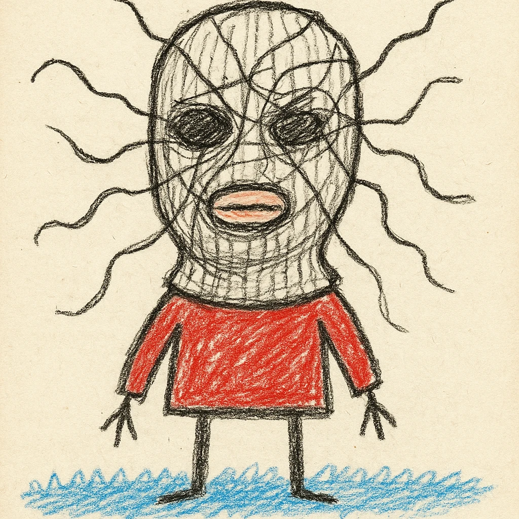 The mask is a full-head, white knitted balaclava with a tight ribbed texture. It features two asymmetrical eye openings and a partially exposed mouth area. Black thread is stitched across the surface in chaotic, abstract lines that trace facial features, giving a hand-drawn effect. Several black cords extend outward from the mask, varying in length and direction, adding a sculptural, almost organic appearance. The overall look is bold, handcrafted, and visually striking. emoji
