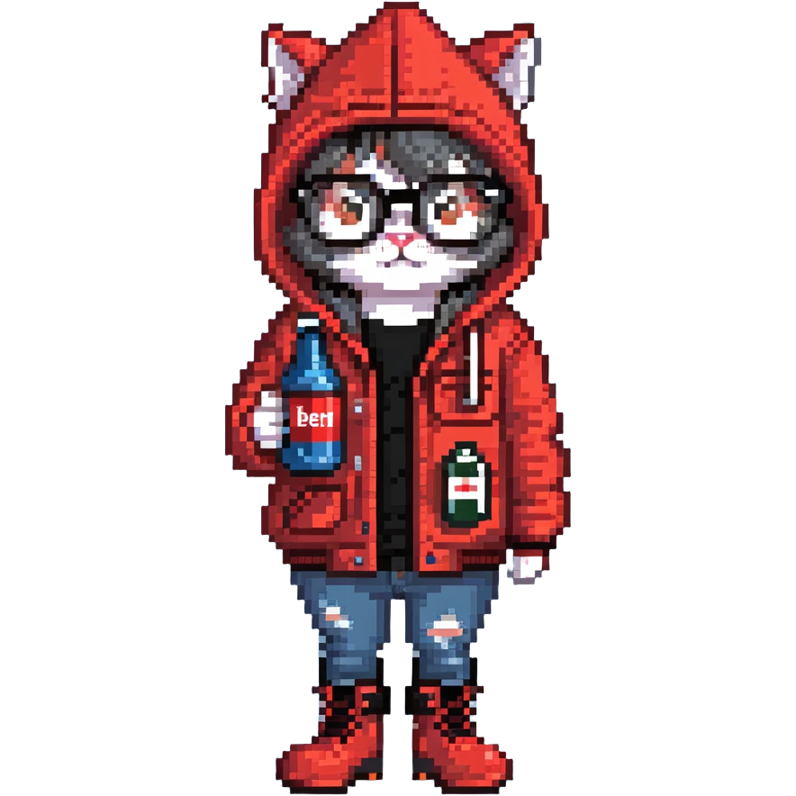 Catfish wearing red hooded winter jacket, round glasses, blue jeans, red boots, holding beer can with red label emoji
