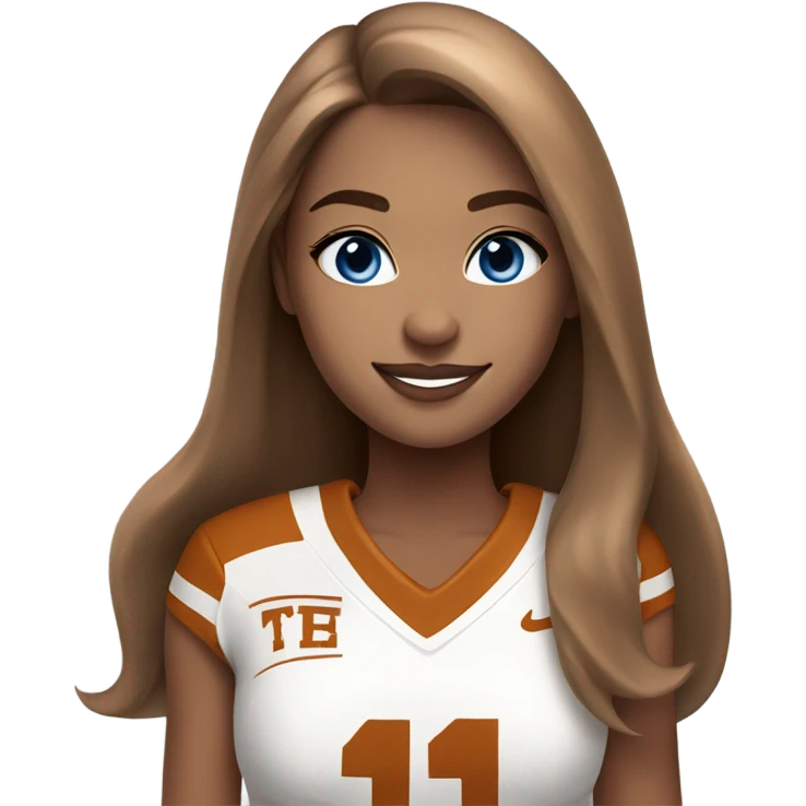 Beautiful girl, blue eyes, long straight beautiful light brown hair, wearing Texas Longhorn football cheerleading uniform emoji