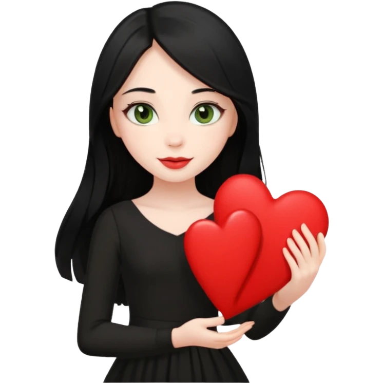 Pale girl with long black hair and olive green eyes soft smile wearing black dress and holding a heart emoji