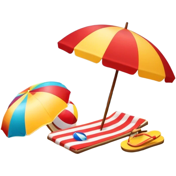 Icon for Beach Tourism: a sandy beach with a beach umbrella, flip-flops, a towel, and a beach ball, with the ocean waves in the background. The icon should capture the relaxation and fun of beach vacations. Transparent background. emoji