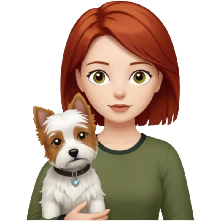 Westhighland white terrier dog being held by woman with dark shoulder length red hair and hazel eye wearing olive green top emoji