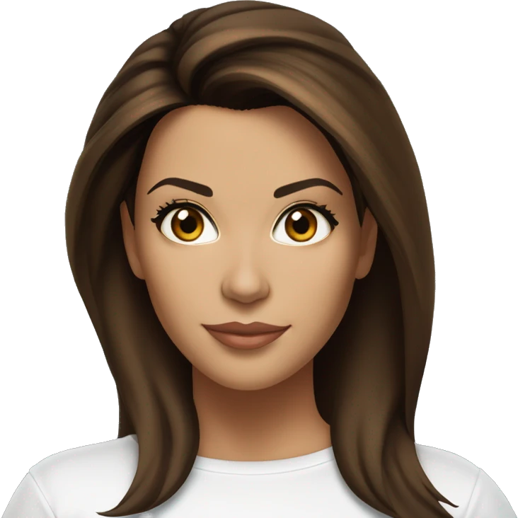 3/4 face, contrasted, shadow, light, Eva Longoria expression, standing from a distance, thin nose, brunette woman, hazel eyes, long eyelashes, dark shoulder shaded hair, white t-shirt, jeans, white sneakers emoji
