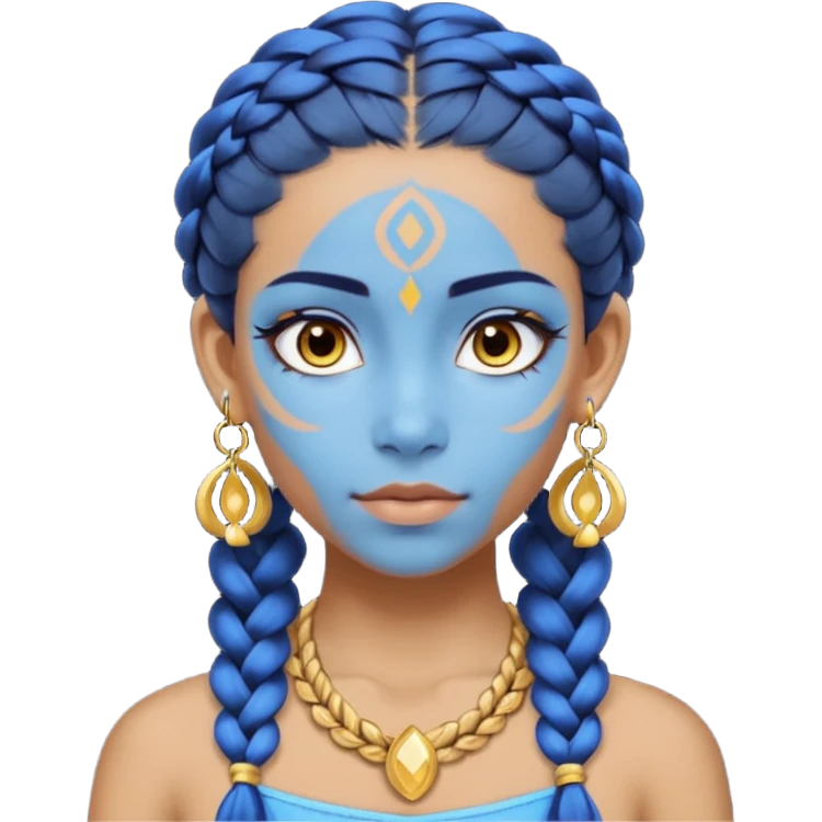 Draw a Na’vi female with glowing blue skin, white forehead markings, braided hair, gold earrings & a calm gaze. emoji