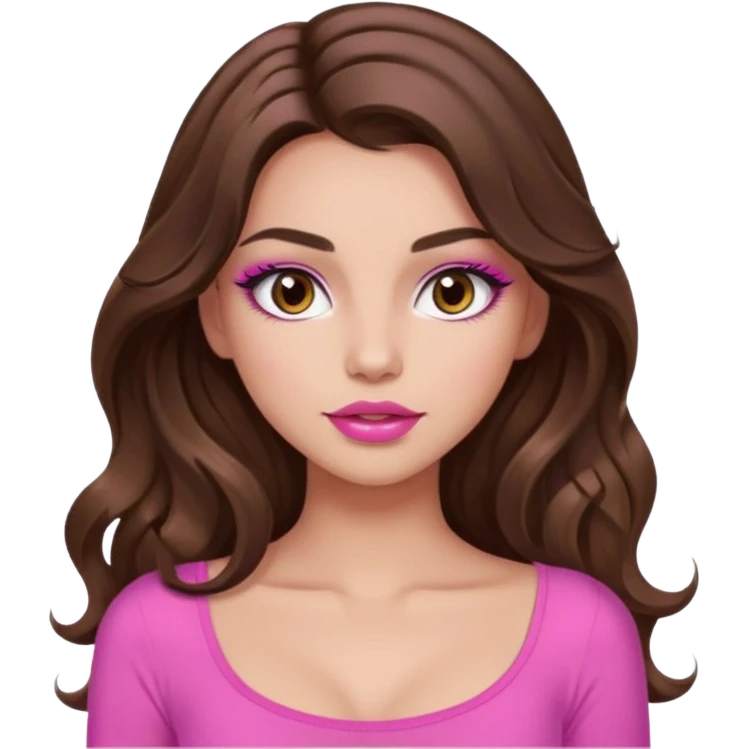 girl with long wavy brown hair, brown eyes, long lashes makeup, sexy pink lips, light to medium complexion, wearing a pink sexy top emoji