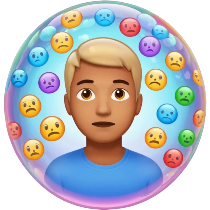 Realistic emoji-style man trapped inside a glowing filter bubble. The bubble contains identical social media icons and repeating content symbols. Outside the bubble are colorful diverse icons he cannot see. The man looks comfortable but unaware, expressing narrow perspective. emoji