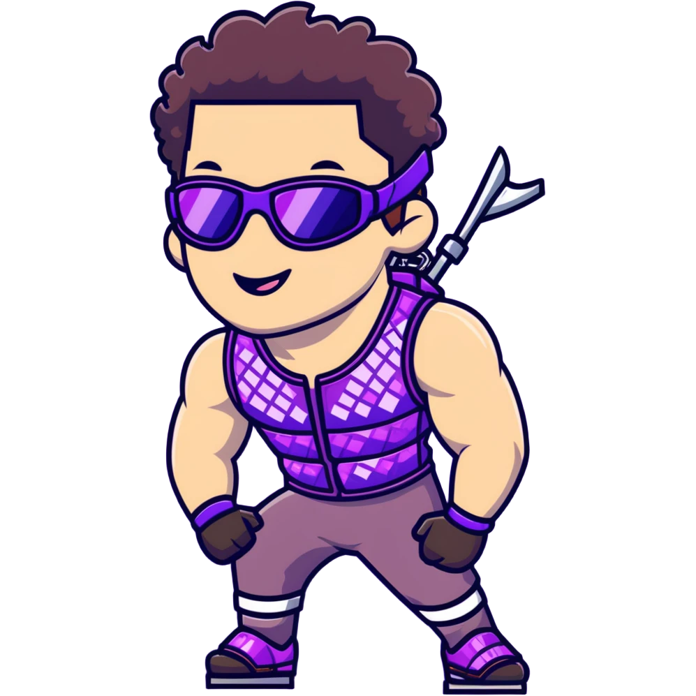 close-up of cool guy male athlete with white skin and moderately curly dark brown hair on top with shaved sides, with one purple ski goggle lens pushed up above his eyes on his forehead, sticking his tongue out of his mouth, wearing only a plain black chain necklace around his neck, and a completely unzipped sleeveless vest with purple and black sequin fire pattern design with no logo, clearly showing he is shirtless underneath with exposed chest and abs emoji