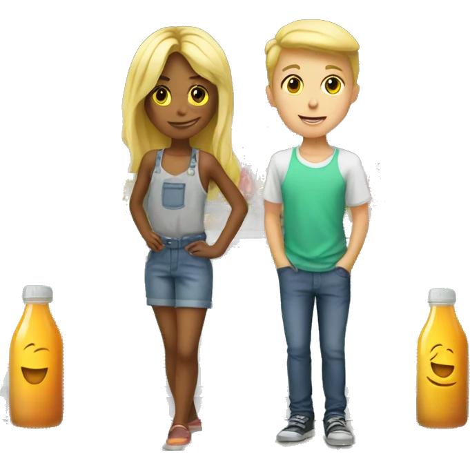 girl behind juice stand with blonde boy emoji