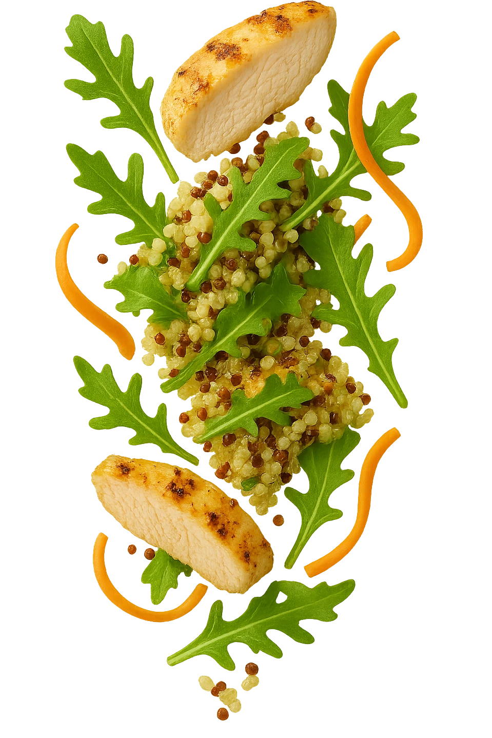 EMOJI STILE IPHONE DI Insalata di quinoa e pollo con rucola e carote che cade verticalmente dall'alto, iperrealistica 4k emoji