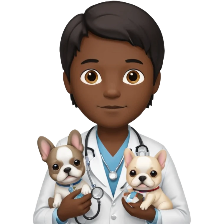 joven médico con el pelo un poco largo pero no tanto y lacio, que tenga un estetoscopio de color de piel tez negra calida !!! que sostiene un bulldog francés blanco emoji