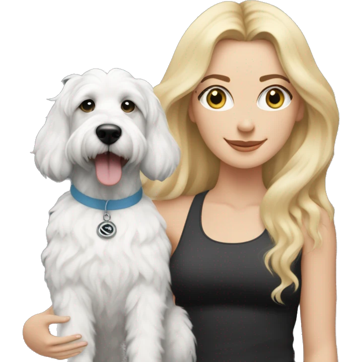 white woman with long blonde hair and cat shaped eyes wearing a yoga outfit standing alongside a black and white colored bernadoodle dog emoji