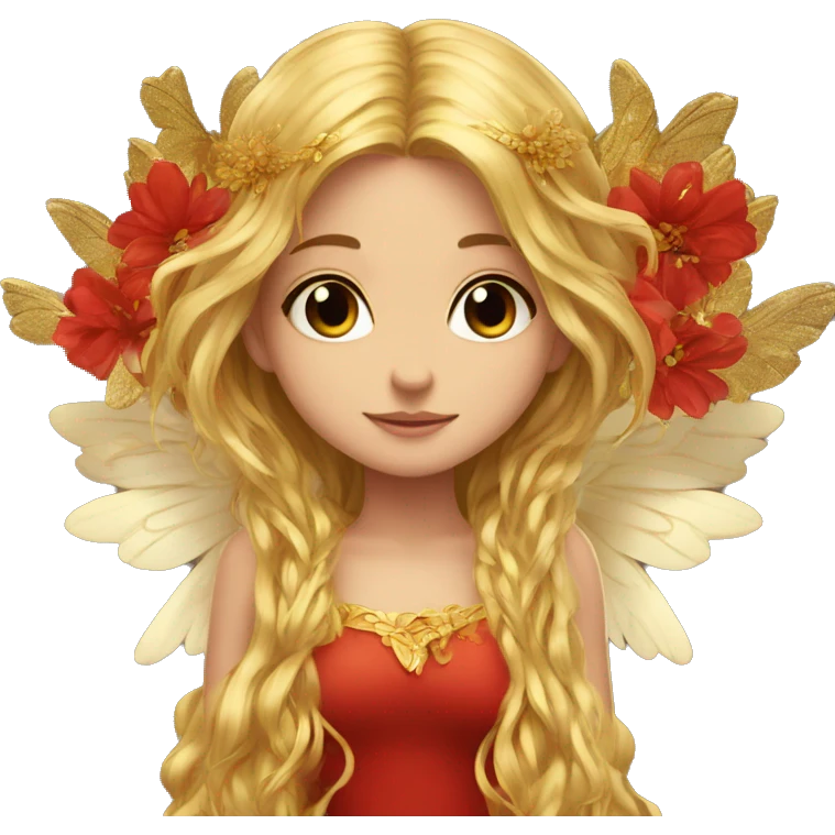 big wings, flower, Beautiful, fairy, gold,red, long hair emoji