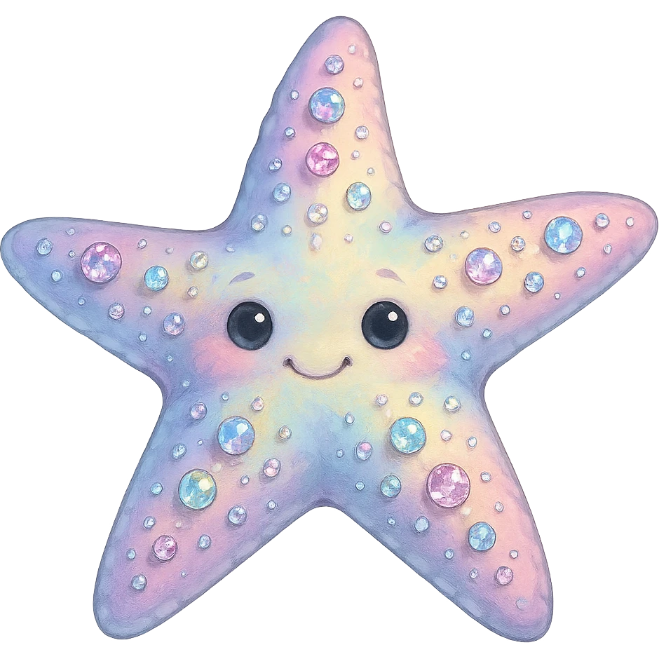 semi-realistic sea star, rainbow pastel colors, bedazzled with gems, soft shading, gentle cute expression, no background emoji