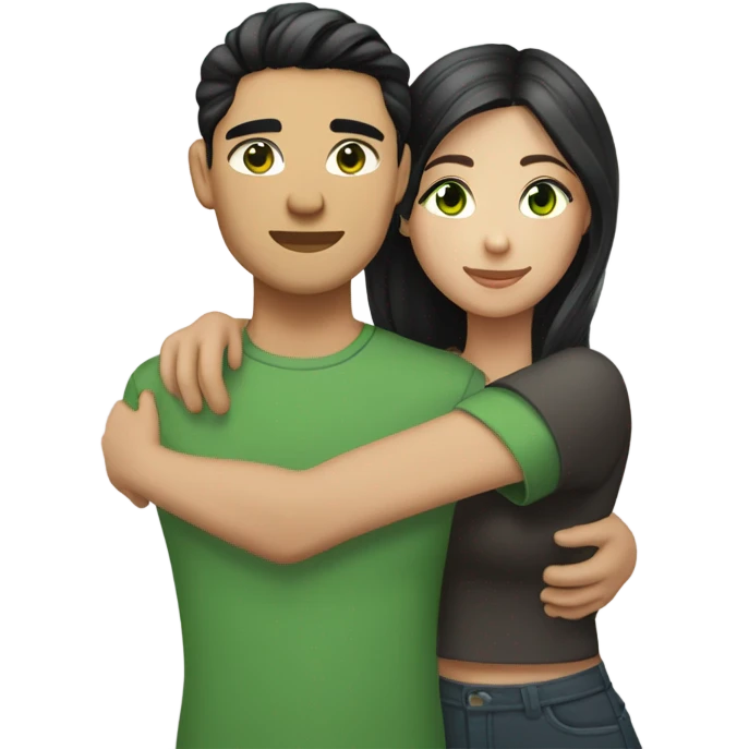 Light skin Asian male with undercut straight black hair and white female with green eyes and long brown wavy hair tightly hugging each other  emoji