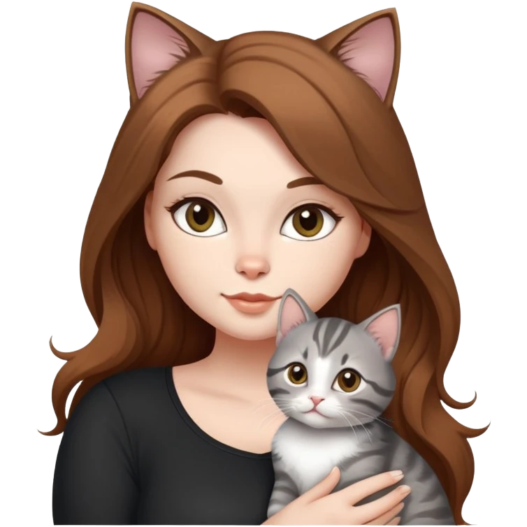 Hot curvy woman, long hair, with super cute kitten, she is white with brown hair, black top, the cat is a grey tabby emoji