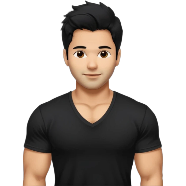 generate a pretty bratz Varun Dhawan with 
Make him wear a black v neck tshirt. muscular but still lean, smirking
He shoudl look exactly like VArun DHawan.  messy black hair emoji