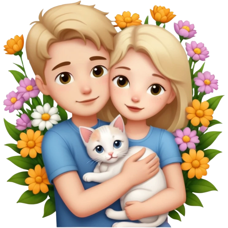girl hugging boyfriend with kittens and flowers emoji