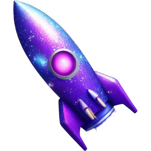 rocket covered by shiny glitter like a disco ball, diagonal and much bigger with blue and purple touch and silver emoji