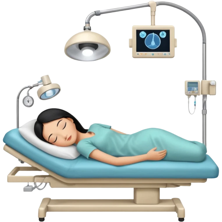 A female patient with black hair lying on an examination bed, head on a pillow and eyes closed, shown in a wide, full-body view in a clean colonoscopy procedure room. No medical staff visible. emoji