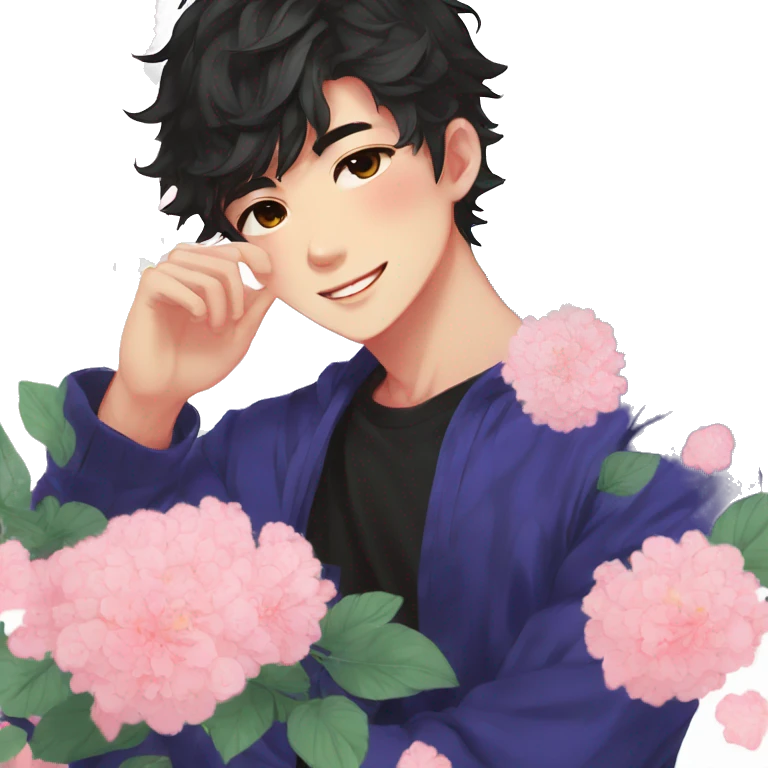 Gorgeous bright sparkly romantic Asian anime style guy with blushing face and flowers aesthetic trending style outside emoji