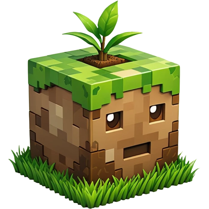 A 3D Apple-style emoji of a Minecraft grass block, cubic shape, with bright green grass on top and brown soil with pixel texture on the sides, simple and cute cartoon design. emoji