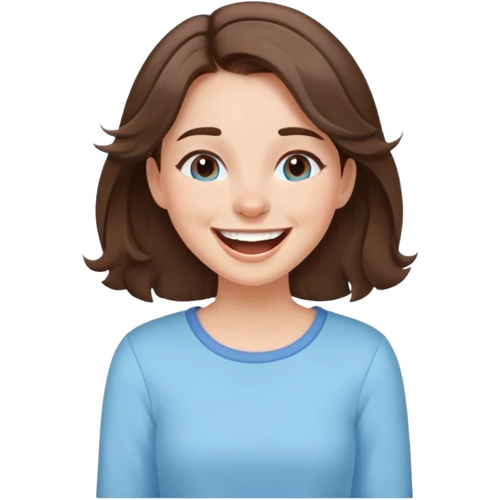 brunette girl with brown hair wearing pastel blue clothes laughing joyfully emoji