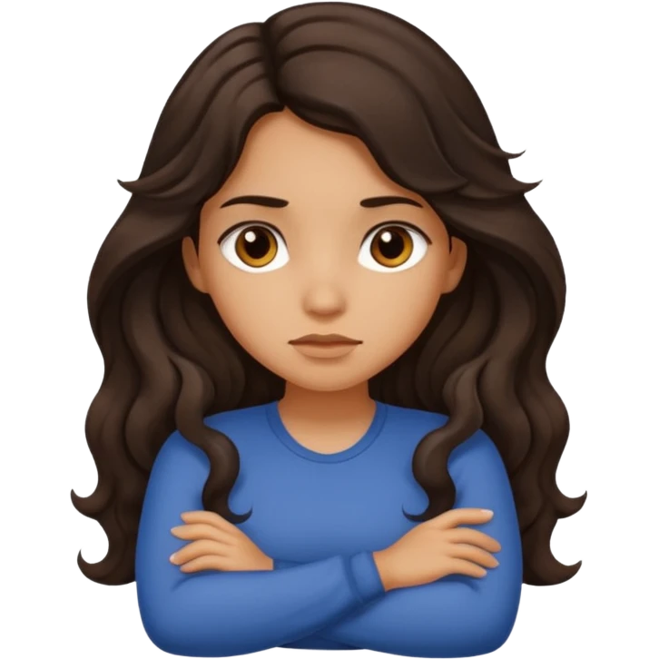 Slightly tan girl dark long wavy hair crossing her arms with slight pout emoji