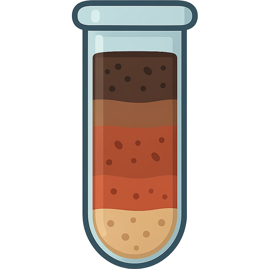 simple illustration of a soil core sample, showing distinct soil layers inside a transparent tube, for carbon dating, flat color style emoji
