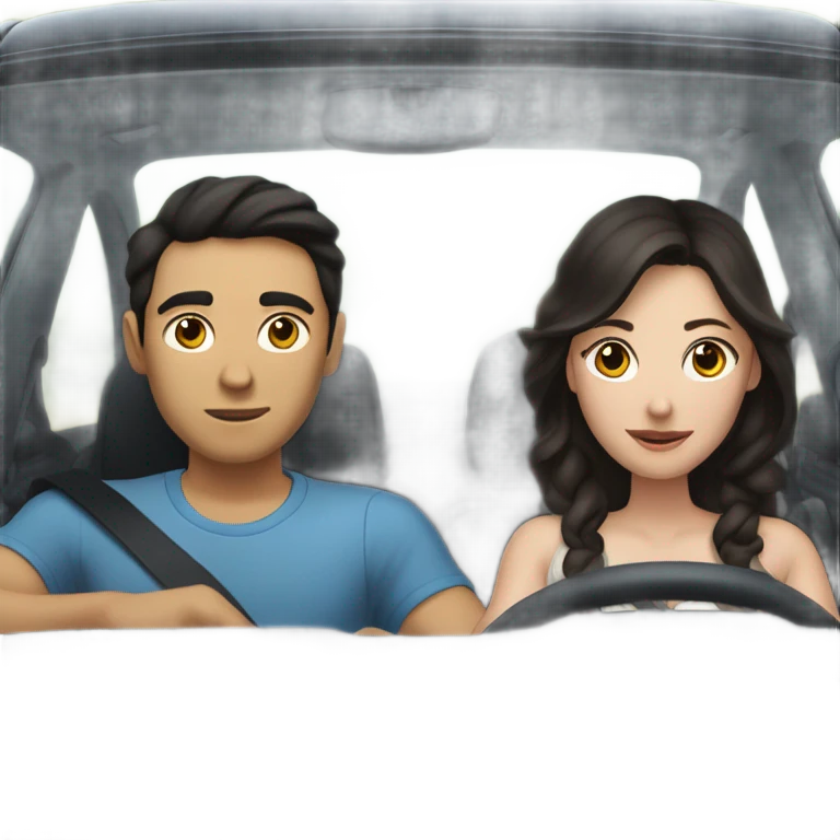 A pale half Asian man with short dark hair and white woman with long wavy brunette hair driving together emoji