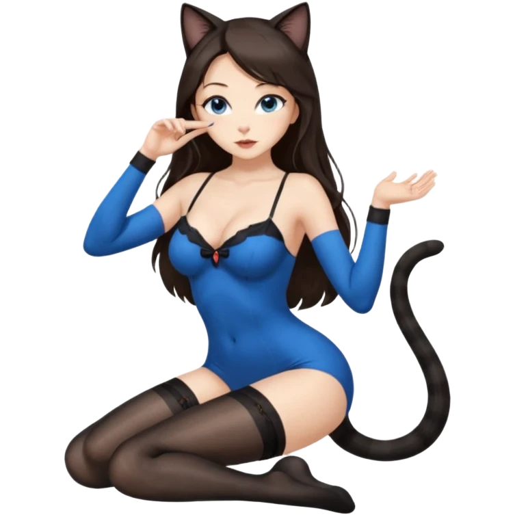 Buxom brunette super long hair intimate sfw blue eyes Asian black nylon stocking pose cat girl emoji