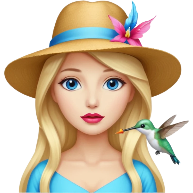bust woman long blonde hair blue eyes white skin with hummingbird hat and nectar glow lips emoji