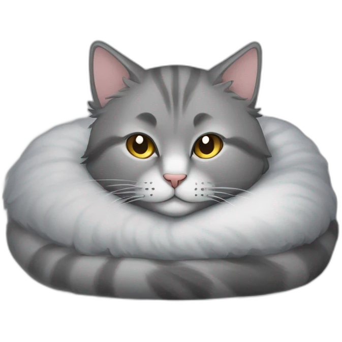 A fluffy gray cat curled up in the center of the bed The cat's eyes are closed and it is sleeping peacefully The cat's fur is soft and luxurious emoji