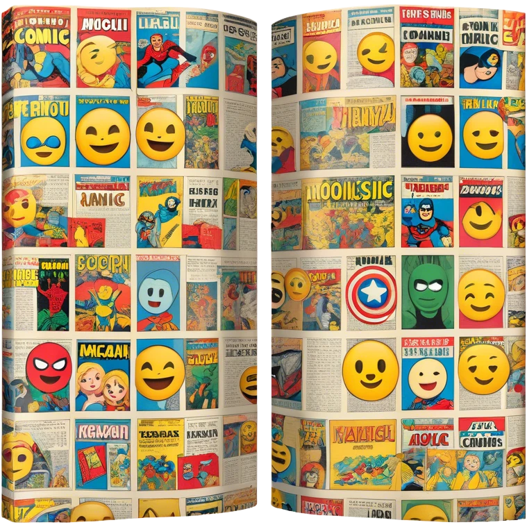 detailed and vintage-inspired emoji representing comic magazines and graphic novels as a storytelling art form. a large, open comic magazine with pages filled with classic American comic book panels. classic feel of old-school comic books a graphic novel. background transparent. No smiles! emoji