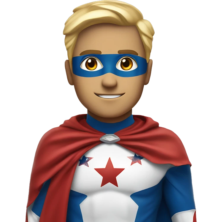 Emoji of Homelander from ‘The Boys’ series. USA flag-inspired costume with cape (red, blue, white). Confident, slightly menacing expression. emoji