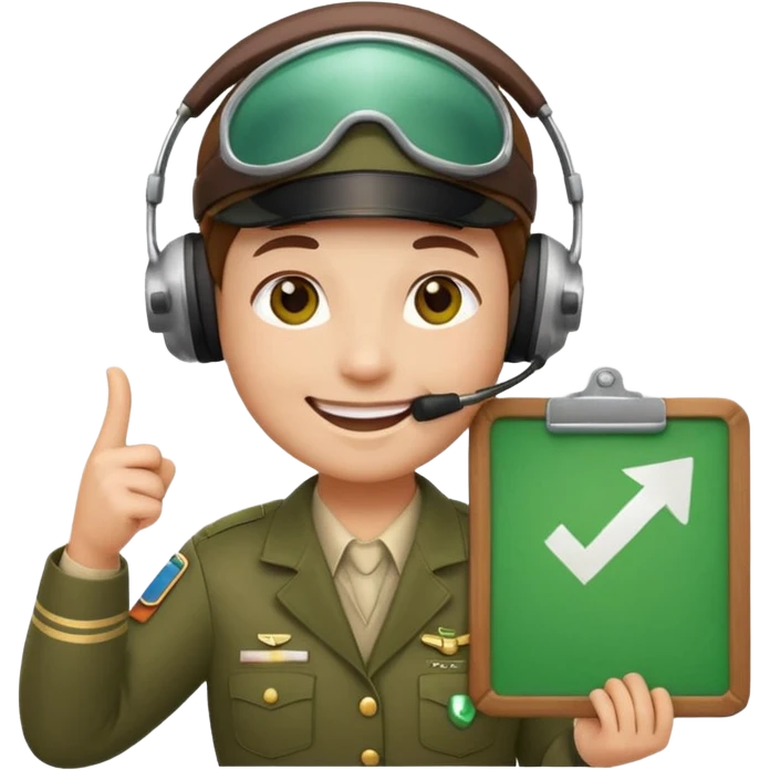 Slack-style emoji of a pilot wearing holding a green board with a white check mark emoji