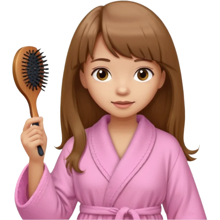 a girl with light skin and medium brown long hair with bangs who is brushing her hair with a hairbrush and she is wearing a light pink bathrobe emoji