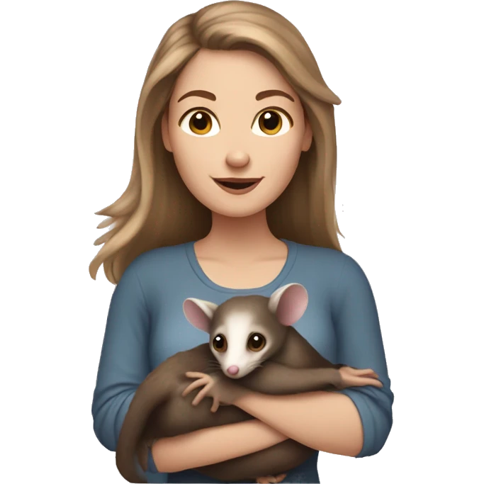 White woman brown hair holding opossum emoji