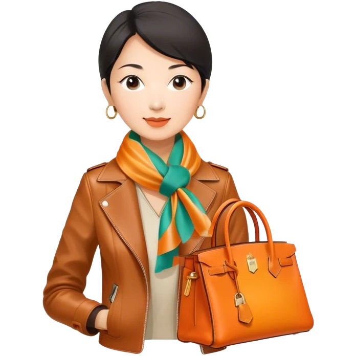 Mature asian woman wearing a leather Hermes jacket and a multicolored silk scarf around her neck. She has an orange Hermes Birkin Bag. I want the image to be close up, starting from the waist up.  emoji
