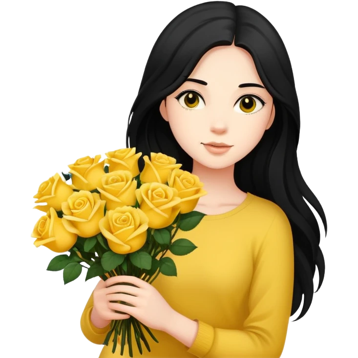 Beautiful girl with long black hair holding a bouquet of yellow roses emoji