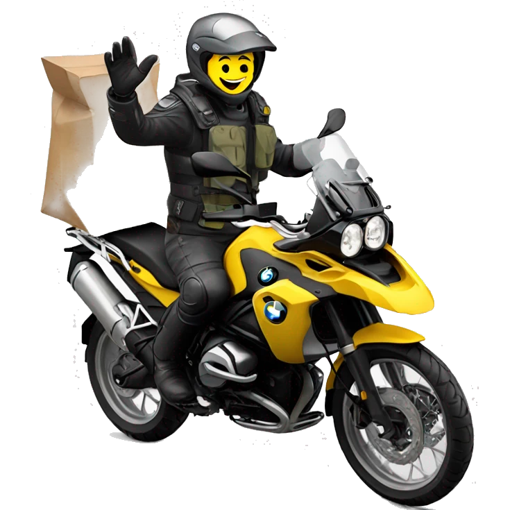 man waving while driving yellow bmw f750gs emoji