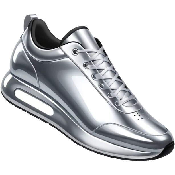 A pair of futuristic sneakers emoji made of silver chrome, sleek streetwear design, smooth metallic panels, subtle reflections, luxury swag aesthetic, iOS emoji style, centered, clean white background emoji