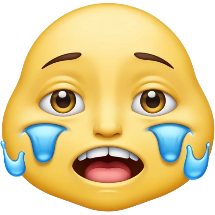 crying emoji with eyes open wide, visible eye bags, yellow emoji, visible teeth, stretched out mouth, blue tears, exaggerated  emoji