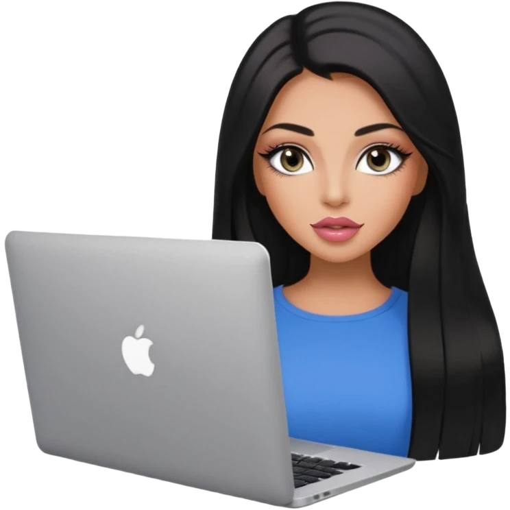 Glamours, tanned, very beautiful girl, with big pump peach-beige-rose lips, eyeliner, long long lashes, black straight smooth silky long hair, straight parting hair, blue-grey eyes with macbook emoji