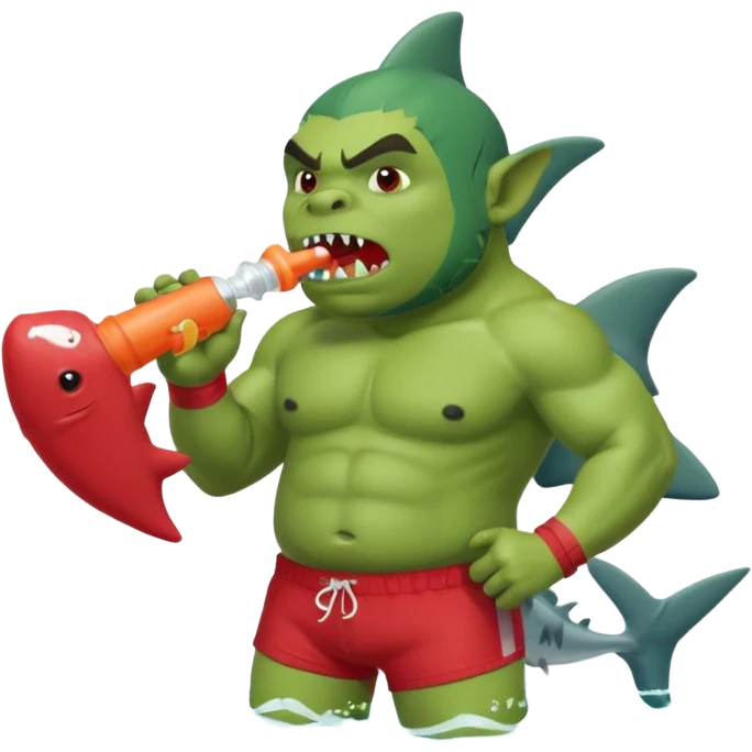 orc male in shark floatie, blowing whistle. Red swim trunks emoji