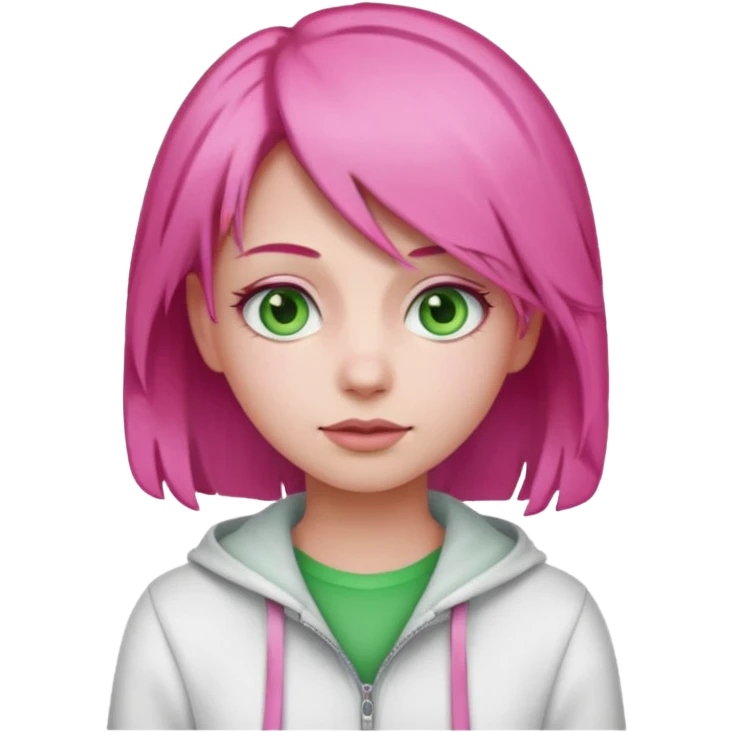 A girl emoji with pink hair, wearing white and pink clothes, with green eyes emoji