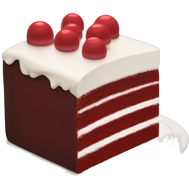 Dark red cake cake slice with white frosting layers dollops of frosting on top  emoji
