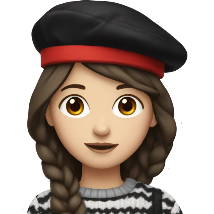 young adult girl in red beret with dark brown long hair and black-white line sweater emoji